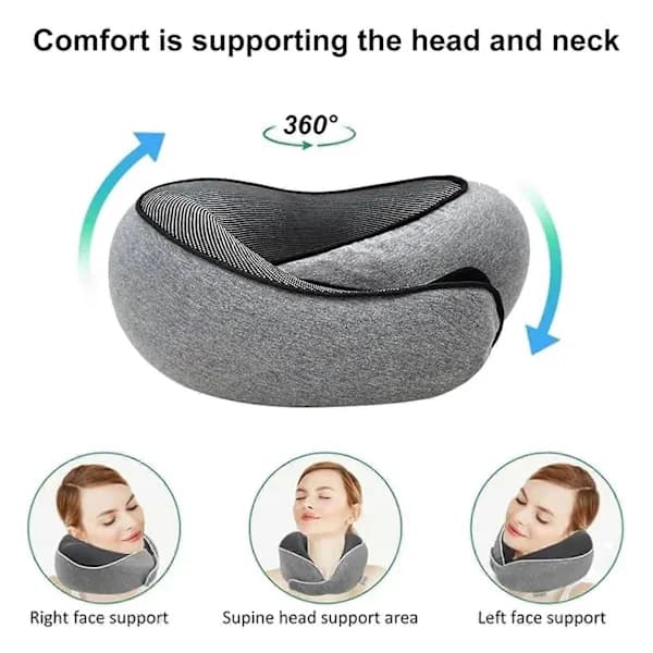 [EN] Memory Foam Neck Pillow for Travel 360 Degree Support U-shaped Airplane Pillow with Adjustable Velcro Strap Sleeping Pillow Dark Grey