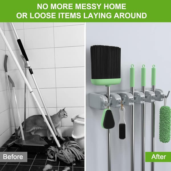 Wall Mounted Broom Holder, Wall Mounted Broom Holder with 5 Quick Clamps and 6 Hooks, Wall Mounted Broom Holder Perfect for