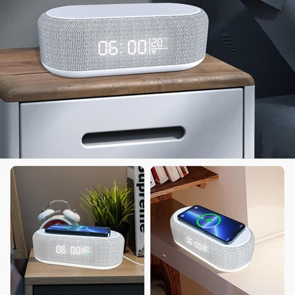 4-in-1 Wireless Charging Station 15W Fast Charger with Digital Clock Temperature Display and 3-Level Night Light for Home Office White