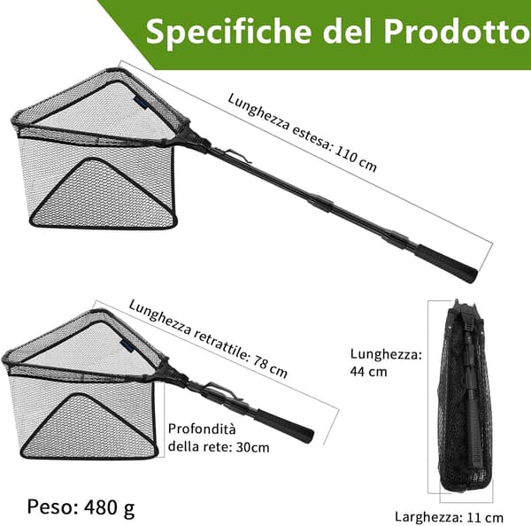 Foldable Rubber Fishing Net, Telescopic Fishing Rod, Triangular Fishing Net with Non-slip Rubber Grip