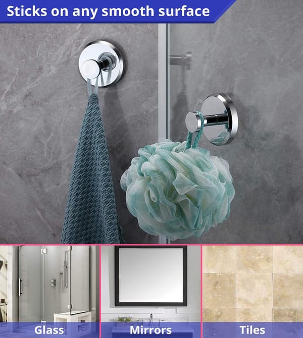 Suction Cups for Shower, Bathroom, Kitchen, Hanging Items up to 6.8 kg - Waterproof and Dustproof, Chrome (2-pack)