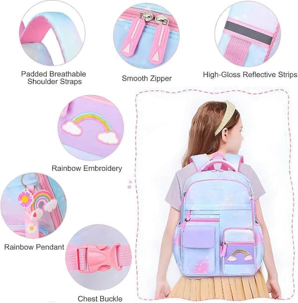 School Backpack Set, Girls Rainbow Backpack Cute Backpack for School Laptop Travel Bag With Pencil Case