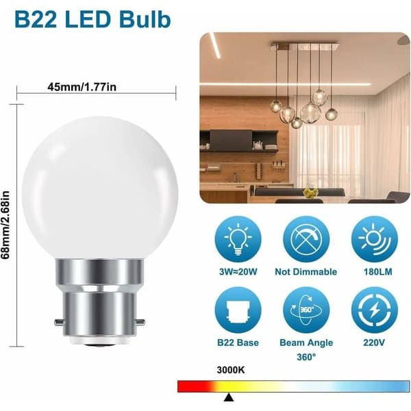 B22 3W Bayonet LED Bulb, Mini Globe Golf Ball Bulb B22 G45, Warm White 3000K, 280LM, Non-dimmable, 10-pack