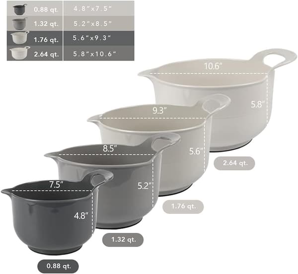 4-pack Nesting Blandskålar med Hällpip och Handtag, BPA-fri Mikrovågsugn & Diskmaskinssäker (Grå, 4-pack med Handtag)