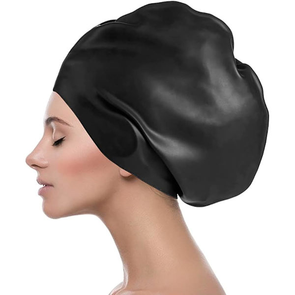 Badehetter for voksne, silikonbadehette, stor badehette, langt hår, badehette, ørebeskyttelse, badehetter, designet for langt hår, dreadlocks, weaves, hår