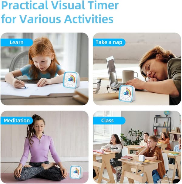 60-minutters visuel timer med natlys, nedtællingstimer til klasseværelse, hjem, køkken, kontor, Pomodoro-timer med regnbue-mønster til børn og voksne