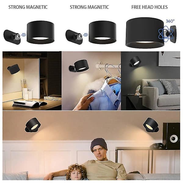 Rechargeable Wall Lamp Bedside Lamp Reading Lamp Rechargeable Portable Touch Adjustable Night Light Magnetic Suction Cabinet Light (Black)