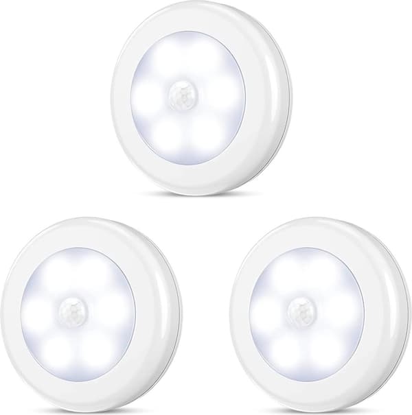LED-sensor natlamper, 3-pak, batteridrevne, trådløse selvklæbende, med PIR-lyssensor, hvid.