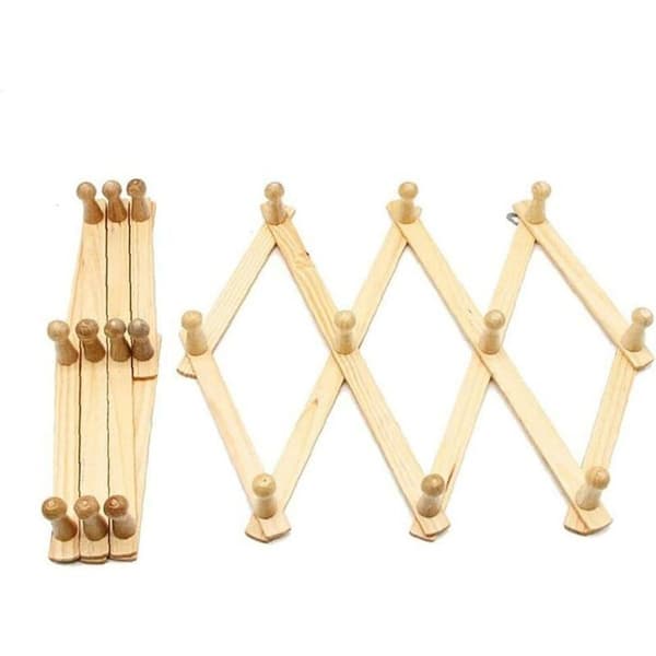 Natural Wood Wall Mounted Expandable Accordion Coat Rack Hook K