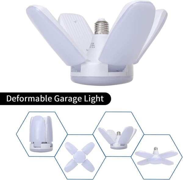 60W LED Garage Lighting, E27 6000 Lumen Security Ceiling Lamp, Deformable Workshop Lamp with 4 Adjustable Panels, Super Bright Daylight for Garage, Warehouse