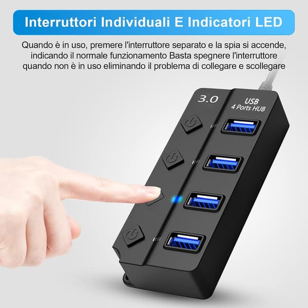 USB 3.0-hub med separat bryter og LED-lamper, 4-porters USB-hub