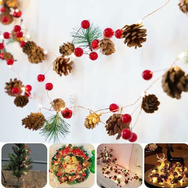 [RM]Julebelysning med røde grankoglebærklokker 200 cm grankoglelys, julerød bærdekoration, julekrans med LED (ingen batterier)