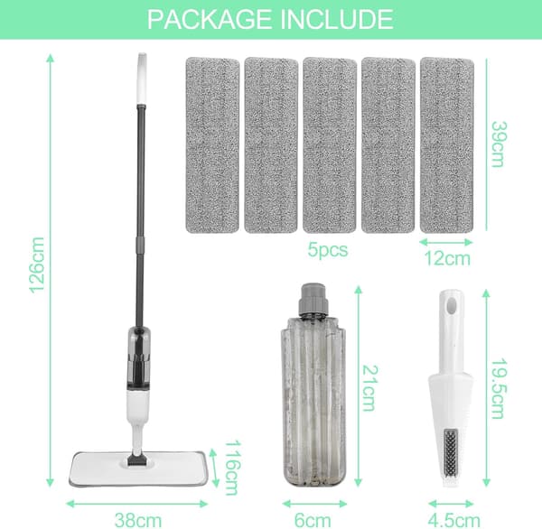 Spraymoppe, gulvrengøringsmopper, flad spraymoppe, mikrofibermoppe med 5 genanvendelige puder og skraber