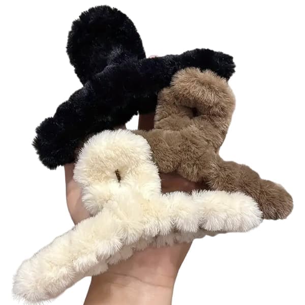 Fluffy hårklemmer i imiteret pels, sæt med 3 - Store skridsikre søde hårklemmer til kvinder og piger, stærkt greb til tyndt og tykt hår