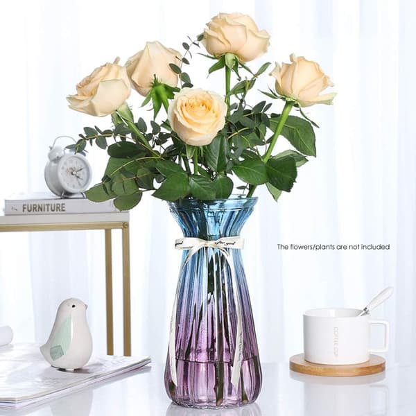 Glasvase med klar flerfarvet gradient, specialdesignede kunstneriske dekorative blomstervaser til kontor og hjem, blå lilla 8,5 tommer