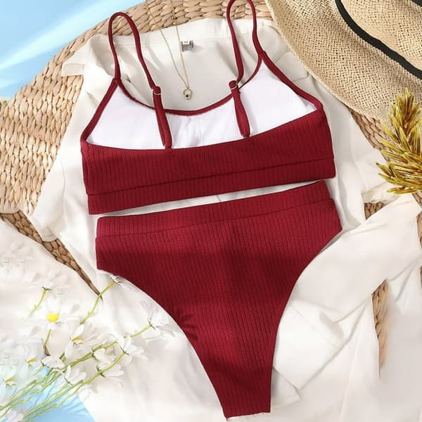 Kvinnor Hög Midja Ribbad Cami Bikini Set Bourgogne XL-US16