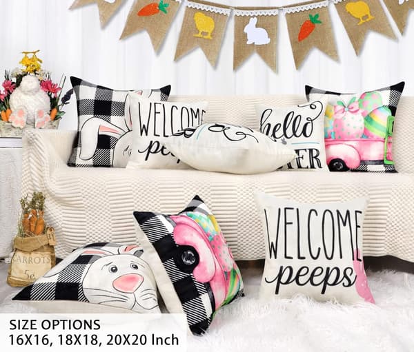 Easter Pillow Covers 45x45 cm Set of 4 Easter Decorations for Spring Farmhouse Pillows Easter Decorative Throw Pillows Buffalo Plaid Bunny Egg Throw Pillow