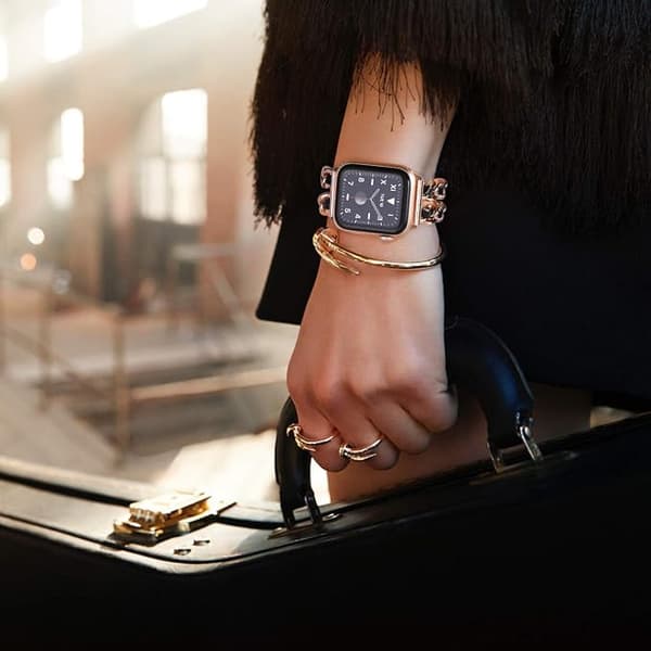 Rose Gold Black Leather Gold Chain, Women's Double Row Metal Strap