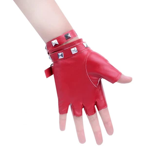 Women's PU Leather Punk Gloves Rivet Belt Up or Snap Half Finger Performance Gloves, Red[CO]