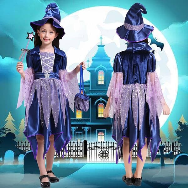 1 sæt Halloween børneheks kostumer til piger heks cos maskerade fest fe prinsesse kjole heks