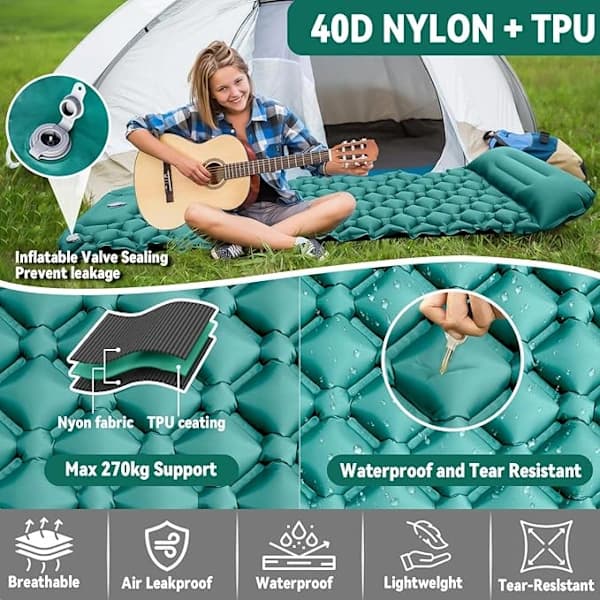 Lightweight Inflatable Camping Mat with Pillow, Self-Inflating Air Mattress with Foot Pump, Portable Beach Mat Compatible with (Brand)