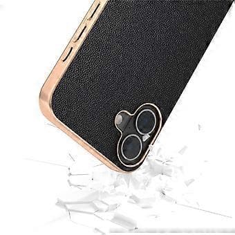 ABEEL Compatible Case for iPhone 16 Electroplating Genuine Leather PC Phone Case (Black)