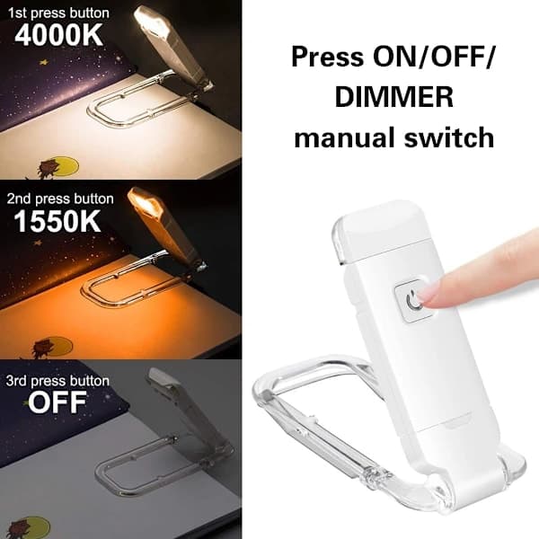 Portable USB Rechargeable LED Book Light with Clip for Bed Reading, Adjustable Brightness, Dimmable Bookmark Lamp (White)-FA-