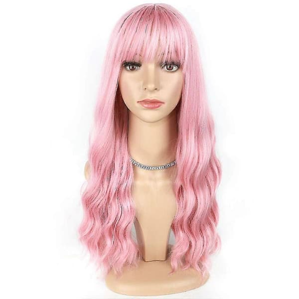 Pink Wig With Bangs Long Wavy Wig With Air Bangs Silky Full Heat Resistant Wig Hair Replacement Natural Looking Wig