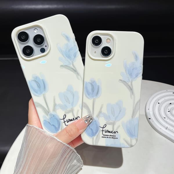 Kunstnerisk Blå Tulip Blomst Blødt Design iPhone Cover, Beige, kompatibel med iPhone 16 Pro Max