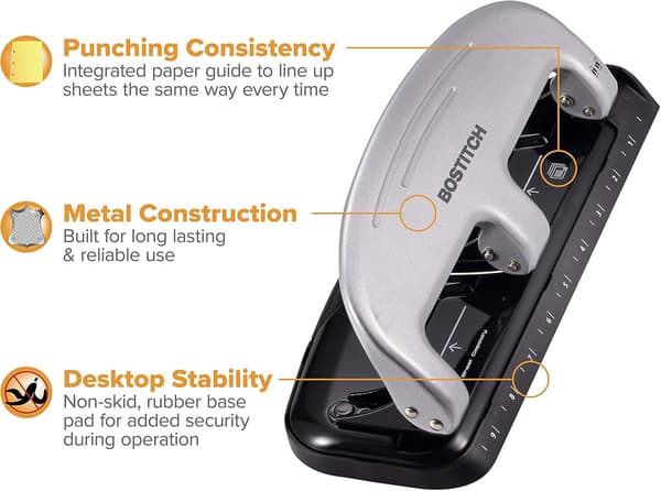 3-Hole Punch, 20 Sheet Capacity, Reduced Effort, Jam-Free Technology, Silver