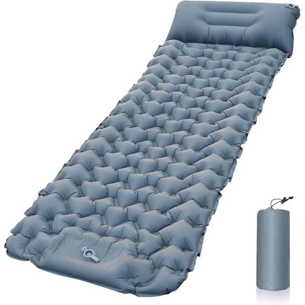 Campingmadras, selvoppustelig campingmadras, ultralet luftmadras, oppustelig madras med fodpumpe, vandremadras (grå) grey