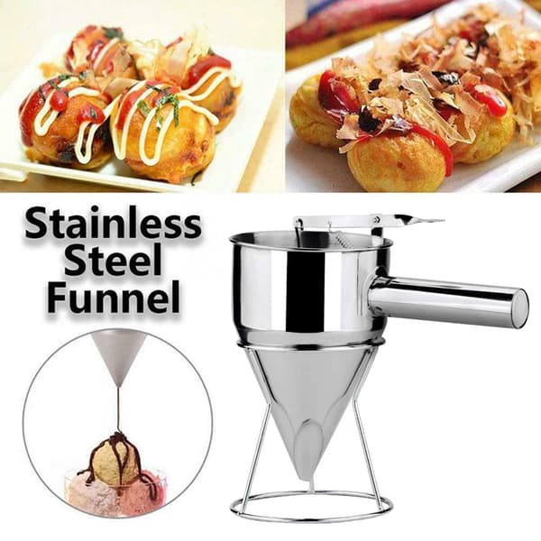 Donut Cupcake Batter Dispenser in Stainless Steel Funnel Pancake Maker Helper Stand Spring-Loaded Handle