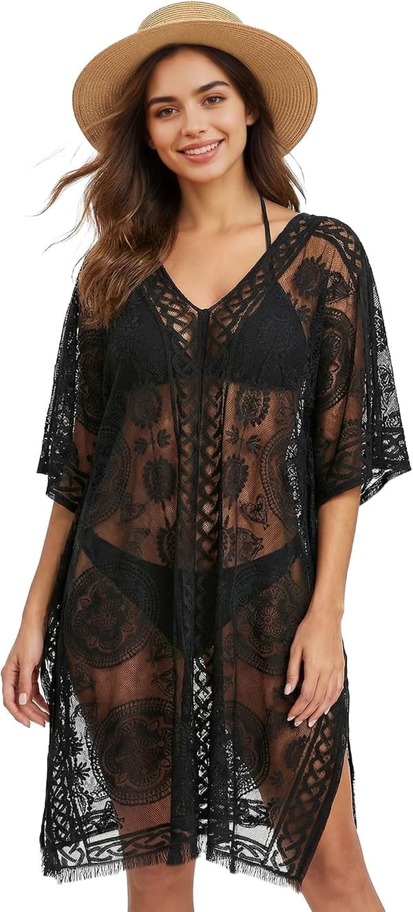 Kvinders blondeovertræk passer S-2XL løs badebikini-kjoleovertræk til strandpool sommer svømme plus size sort - Black