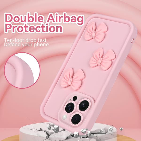 Sött fodral för iPhone 16 Pro Max Rosa 3D-rosettdesign Mjukt stötsäkert skyddande telefonfodral för flickor kvinnor