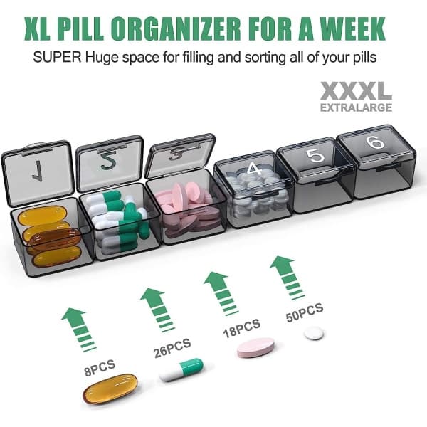 Monthly Once-A-Day Pill Organizer - 30 Day Pill Organizer Box - Squeeze to Open - Large Compartments Portable Case (Black)