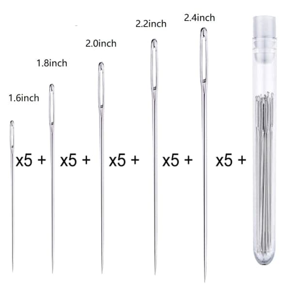 25 Large Eye Needles - Stainless Steel Hand Sewing Needles in a Practical Storage Tube