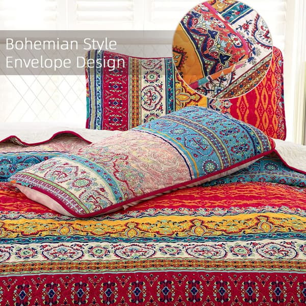 Boheme Quiltet Sengetæppe Dobbelt 3 Dele Patchwork Sengetæppe Vendbart Tæppe Blødt Mikrofiber Sengetøj 220 240 cm