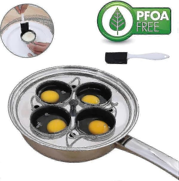 Eggkoker med 4 kopper - Eggkoker i rustfritt stål for posjerte egg - Induksjonskomfyr Eggkokersett med 4 nonstick store silikon eggkokere
