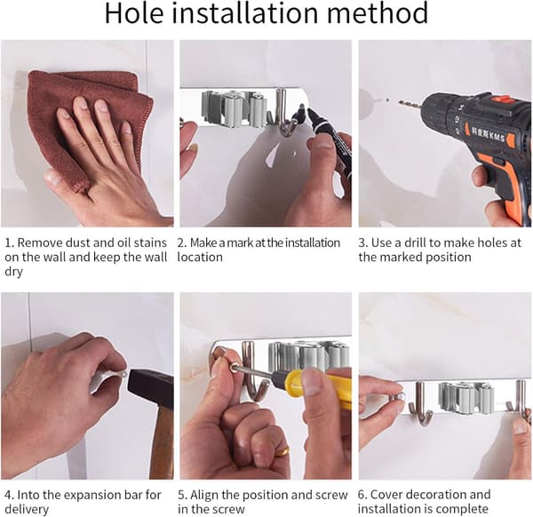 Grå vægmonteret kost- og moppeholder - Kost- og moppeholder i rustfrit stål, opbevaringsophæng til køkken, vaskerum, garage (3 pladser)