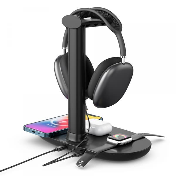 Hovedtelefonstativ med trådløs oplader, 4-i-1 ladestation headset-holder til skrivebordsspil