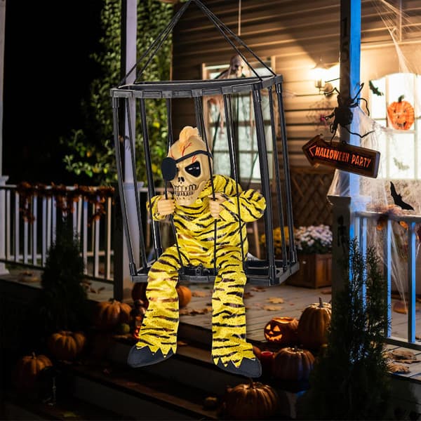 Skeleton with Scary Cage Halloween Theme Prop Decor for Garden Patio Yard Fence Tree Decor