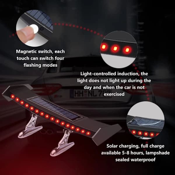 Mini Solcelle Baklys Varsellys LED Bakspoiler for Bil