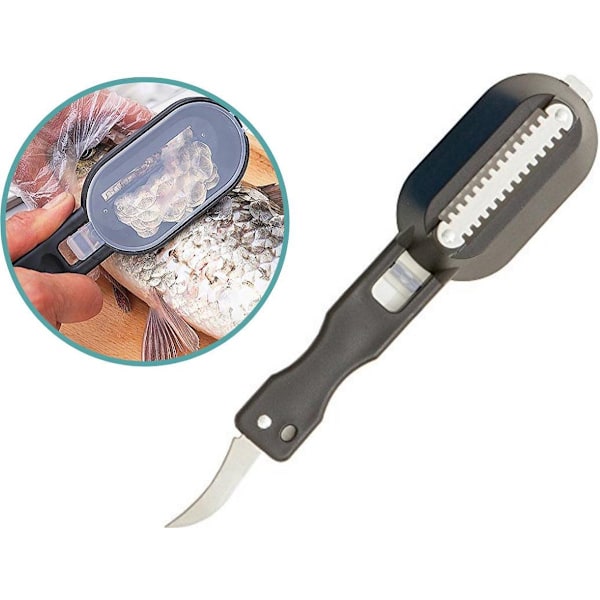 Fish scaler with practical collection tray and gutting knife
