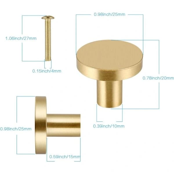 6 Solid Brass Round Cabinet Knobs, Gold Drawer Handles with Screws, Compatible with Furniture and Cabinets