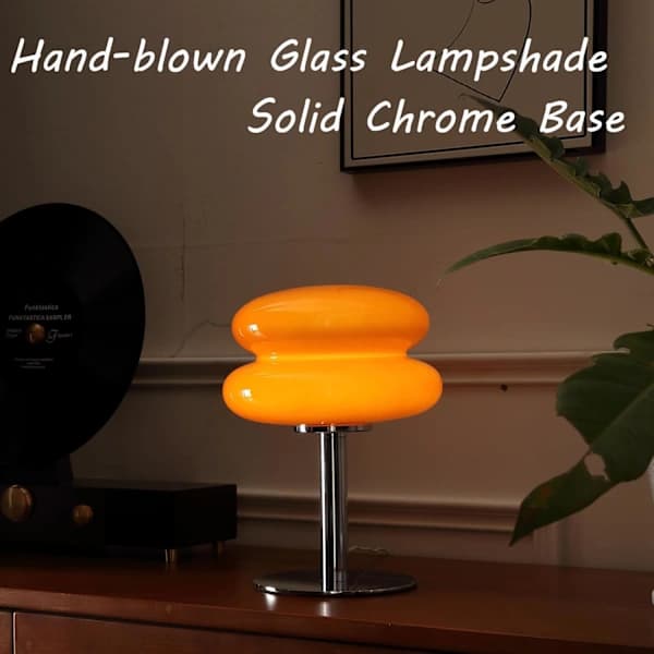 Mid-Century Modern bordslampa i glas för sovrum, orange svamplampa