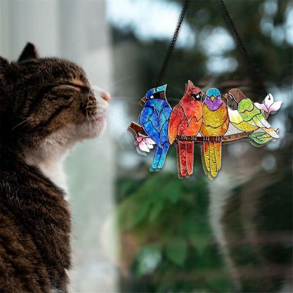 Birds on a Branch Stained Glass - Stained Glass Window Hanging, Double-Sided Panel, Window Decoration