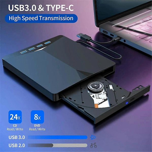 USB 3.0 Type-C ekstern DVD RW CD-stasjon brenner leser spiller