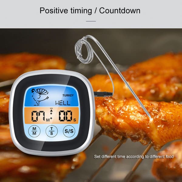 Digital grilltermometer med berøringsskjerm og LED-display, multifunksjonell timer for kjøkken