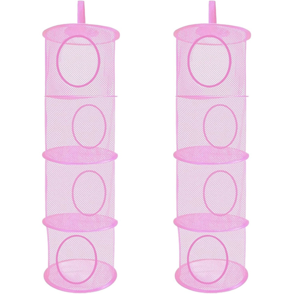 Hanging Mesh Storage Net, 2-pack Foldable Hanging Toy Storage, 4 Compartments Foldable Hanging Storage Basket Teddy Storage Mesh Pink