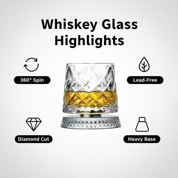 360° roterende whiskyglas, unikt snurrende old fashioned whiskyglas med base, diamanttekstureret vinglas, til fester, barer (1 stk)-FA-